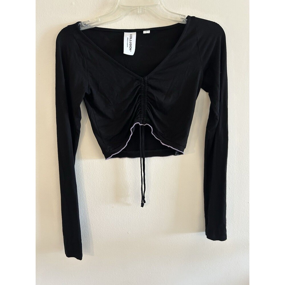 COLLUSION Womens Long Sleeve Crop Top Size 2 Black Elastane Stretch